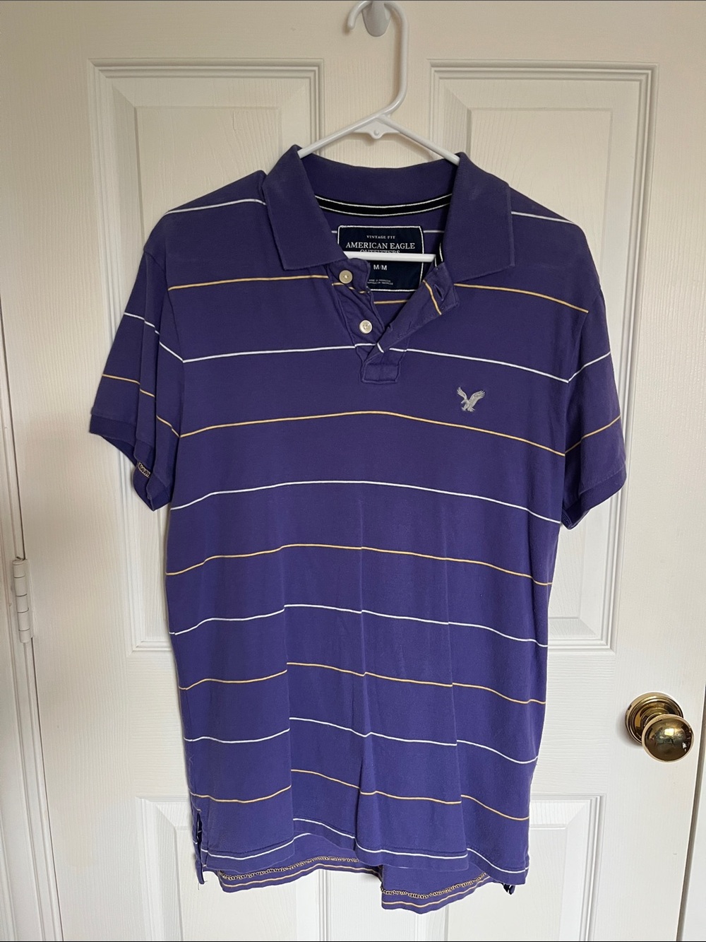American Eagle Outfitters Purple Polo with White and Tan Stripes